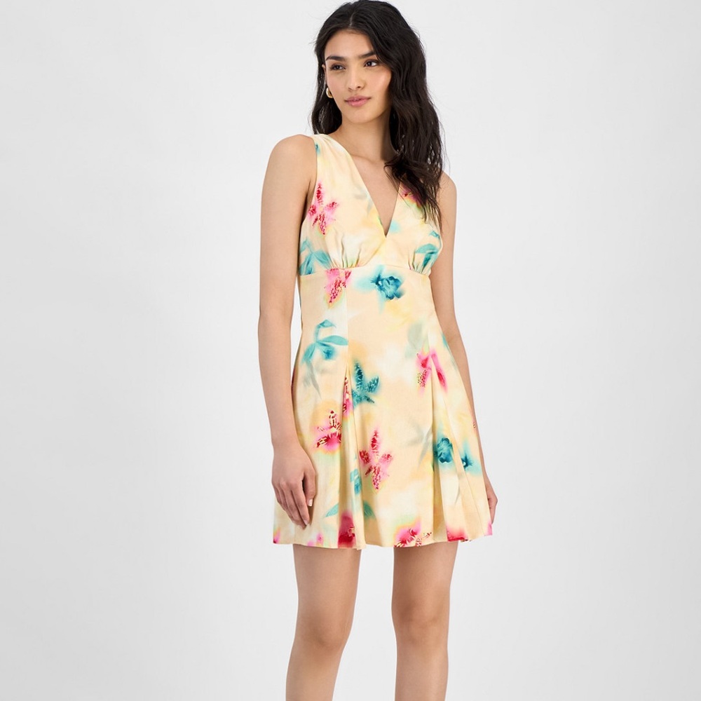 Printed V-Neck Empire-Waist Sleeveless Dress